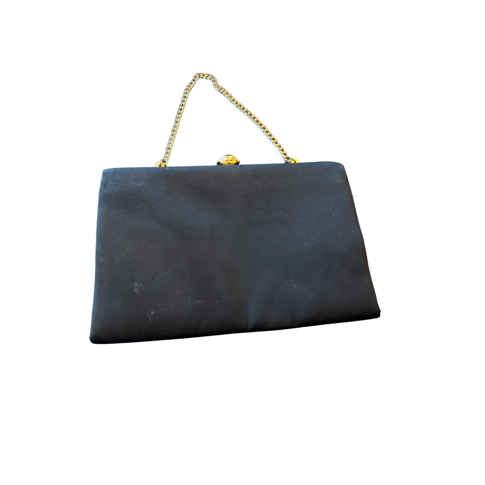 After Five by LM Clutch Black Satin Vintage Jeweled Clasp Gold Chain Evening Bag